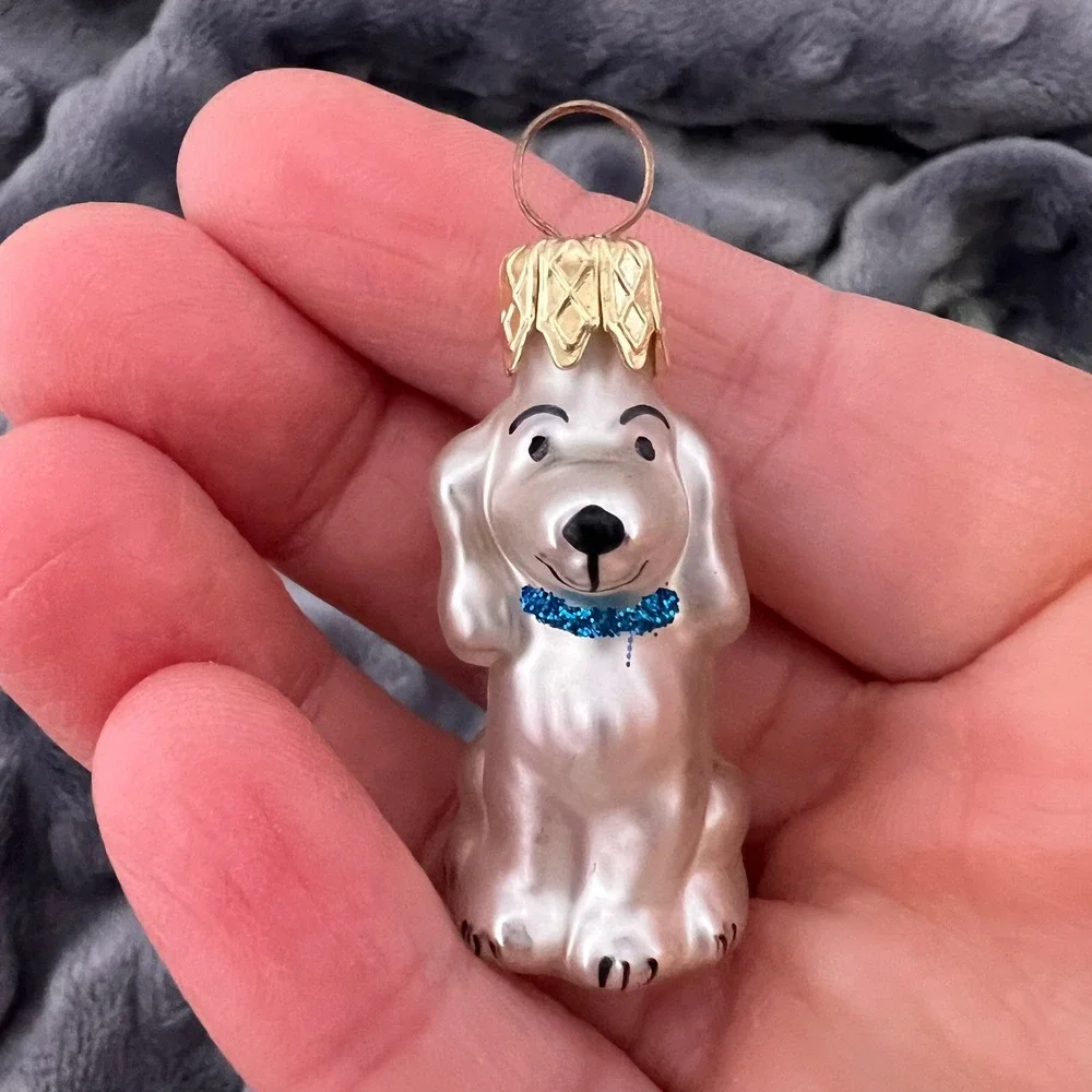 Tiny White Dog Christmas Ornament Puppy Glitter Collar Holiday‎ Tree Decor